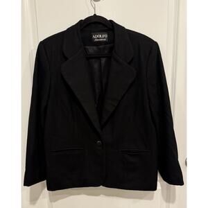 Adolfo International Black Blazer Size 14 100% Wool Made In USA Classic 80s 90s